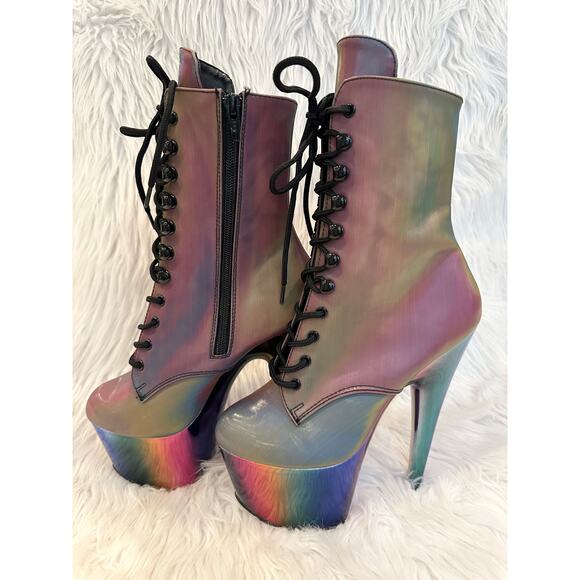 PLEASER Adore Chromatic Reflective Rainbow Platform Stiletto Heels Lace-Up Boots - Picture 8 of 15